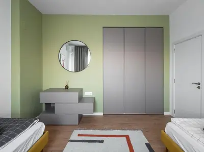 a bedroom with green walls and a mirror at Central Apartment Parking Two Bedrooms Sky Terrace in Sofia