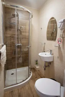 a bathroom with a shower and a toilet and a sink at Къща за гости ЕМА in Vetren Dol