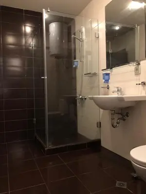 a bathroom with a shower and a sink and a toilet at ALTITUDE MOUNTAIN APARTMENTS ASPEN at GONDOLA BANSKO in Bansko