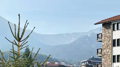 a tree in front of a building with mountains in the background at ALTITUDE MOUNTAIN APARTMENTS ASPEN at GONDOLA BANSKO in Bansko