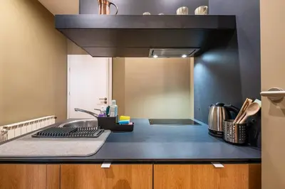 a kitchen with a sink and a black counter top at Stunning Luxury 3 Bedroom Apt in the Heart of Town in Sofia