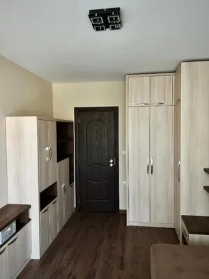 a room with a black door and wooden cabinets at Ultra Lux Apartment Free Underground Secure Parking in Pazardzhik