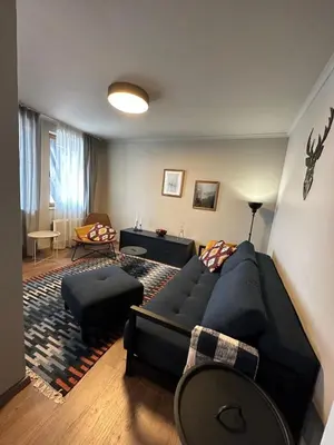 a living room with a black couch and a table at Art apartment Pamporovo Grand Monastery in Pamporovo