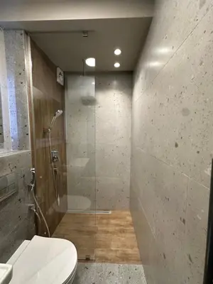 a bathroom with a shower stall and a toilet at Art apartment Pamporovo Grand Monastery in Pamporovo