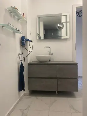 a bathroom with a sink and a mirror at Trendy and stylish in city centre for business and leisure in Sofia