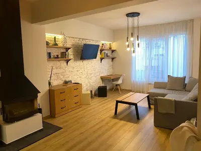 a living room with a couch and a fireplace at Trendy and stylish in city centre for business and leisure in Sofia