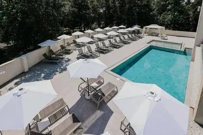 an overhead view of a swimming pool with chairs and umbrellas at Hotel Green Park Service Perfected in Garmen