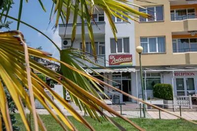 a palm tree in front of a hotel at Family Hotel Ambrozia in Sandanski