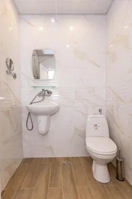 a white bathroom with a toilet and a sink at Family Hotel Ambrozia in Sandanski