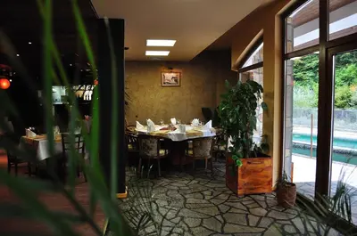 a dining room with a table with chairs and a plant at Fisherman's Hut Family Hotel in Beden