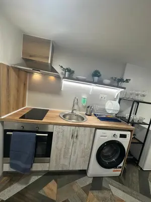 a kitchen with a sink and a washing machine at The rainbow 8 in Sofia