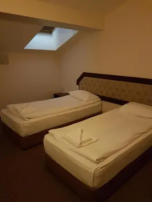 two beds in a hotel room with a skylight at Hotel Podkovata in Etropole