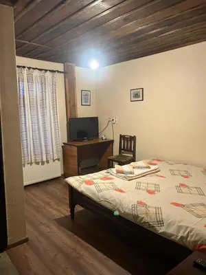 a bedroom with a bed and a desk and a computer at Guest House Popov in Marchevo