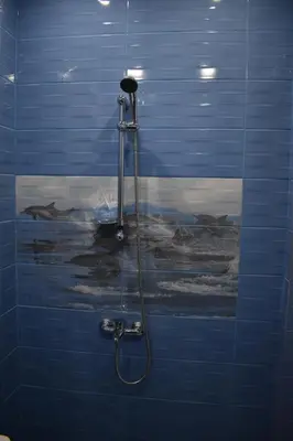 a bathroom with a shower with a blue tiled wall at Apartment Airport Sofia in Sofia