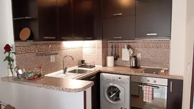 a kitchen with a sink and a washing machine at Serenity Apt Iztok Sofia in Sofia