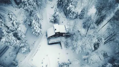 an aerial view of a house in the snow at Saint Constantine Mountain Retreat in Peshtera