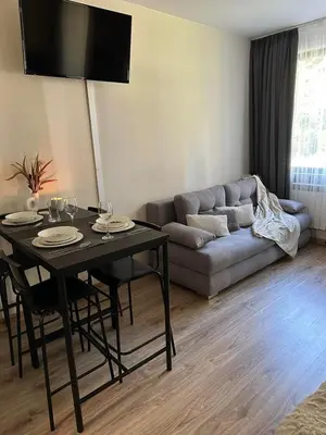 a living room with a table and a couch at Cozy Riverside Pine Studio E5 in Borovets