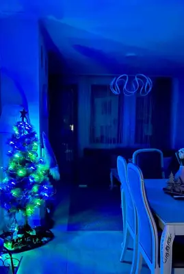 a christmas tree in a living room with blue lights at Vintage De Lux, Top Location, 2Bdr Grand Monastery, Pamporovo in Pamporovo