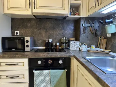 a kitchen with a sink and a stove top oven at Vintage De Lux, Top Location, 2Bdr Grand Monastery, Pamporovo in Pamporovo