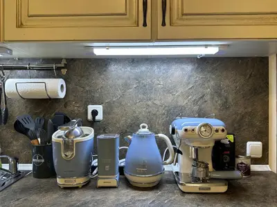 a kitchen counter with a blender on a counter top at Vintage De Lux, Top Location, 2Bdr Grand Monastery, Pamporovo in Pamporovo