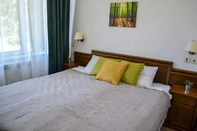 a bedroom with a bed with green and white pillows at Forest view in Pamporovo