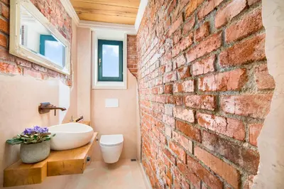 a brick wall in a bathroom with a sink and a toilet at Alexandra's City Center Apartment II in Sofia