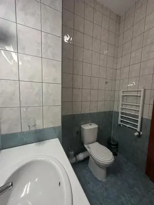 a bathroom with a toilet and a bath tub at Stylish one bedroomed apartment 112 in main Flora building in Borovets