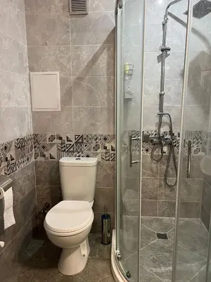 a bathroom with a toilet and a shower at Nice new apartment in Sofia