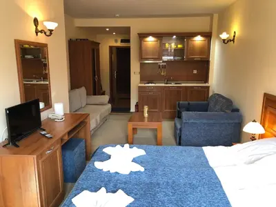 a hotel room with a bed and a living room at Simon1 studio, 2 min to gondola in Bansko