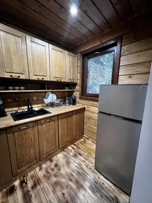 a kitchen with wooden cabinets and a refrigerator at Райски кът “Еленова поляна” in Dobărsko