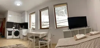 a room with a kitchen with a bed and a television at Ski-in Ski-out Studio, Grand Monastery, Pamporovo in Pamporovo