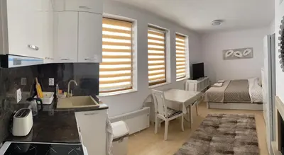 a kitchen with a sink and a bedroom with a bed at Ski-in Ski-out Studio, Grand Monastery, Pamporovo in Pamporovo