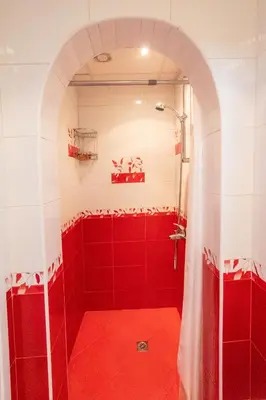 a red bathroom with a shower and red tiles at Cozy Apart TOP Center AUBG Free Garage Parking in Blagoevgrad