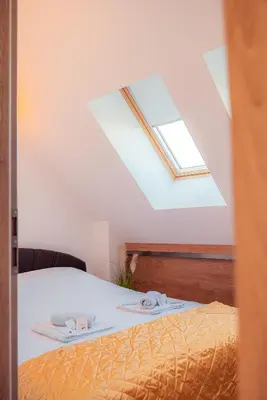 a bedroom with a bed with a skylight at Pumpkin Spiced Suite with Own Parking and Office Setup in Sofia