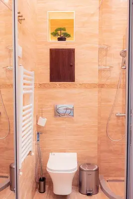 a bathroom with a toilet and a shower at Pumpkin Spiced Suite with Own Parking and Office Setup in Sofia