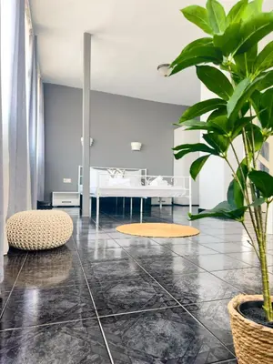 a living room with a bed and a plant at Dezudava Family Hotel in Sandanski