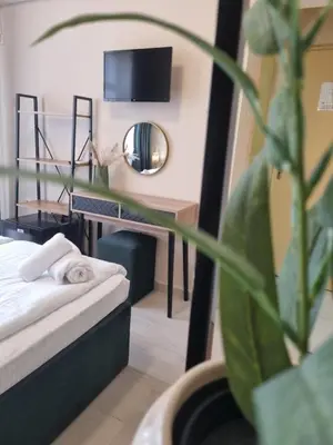 a room with a bed and a table with a plant at Dezudava Family Hotel in Sandanski