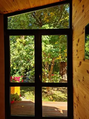 a window with a view of a garden seen through it at Sofia Town House, FREE PARKING in Sofia