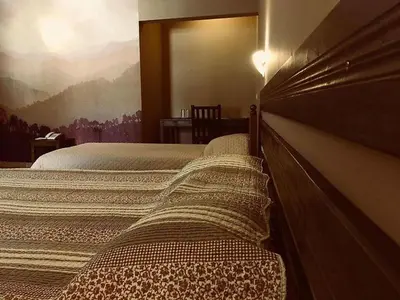 a bedroom with two beds and a wall with mountains at Хотел Стиляна/Hotel Stilyana in Devin