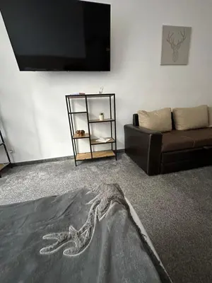 a living room with a couch and a tv at Апартхотел Флора 213Б in Borovets