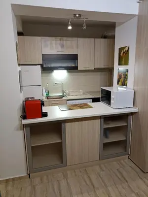 a small kitchen with a counter and a microwave at Snow Mountain Grand Monastery in Pamporovo