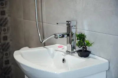 a bathroom sink with a faucet and a plant on it at VILLA MEDI boutique in Sapareva Banya
