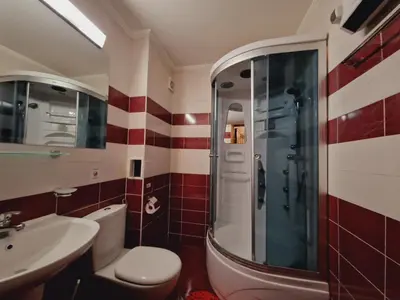 a bathroom with a shower and a toilet and a sink at Snowy tale in Pamporovo