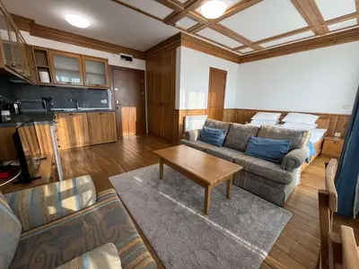 a living room with a couch and a table at Pirin Golf Guest Room in Razlog