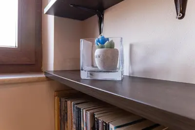 a shelf with a vase with a plant on it at Penthouse Tepeto in Plovdiv