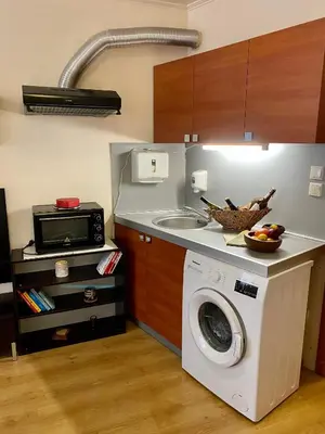 a kitchen with a washing machine and a sink at Sofia Cozy Retreat in Sofia