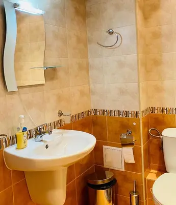 a bathroom with a sink and a toilet and a mirror at Studio El - All seasons in Bansko