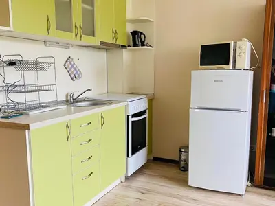 a kitchen with a white refrigerator and a microwave at Studio El - All seasons in Bansko