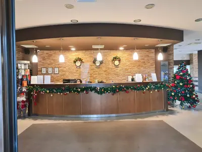 a restaurant with a christmas tree behind the counter at Aspen Golf D 401 in Bansko