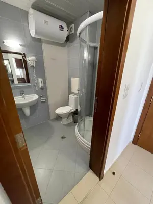 a bathroom with a shower and a toilet and a sink at Belvedere Holiday Club ,apartment A202 in Bansko